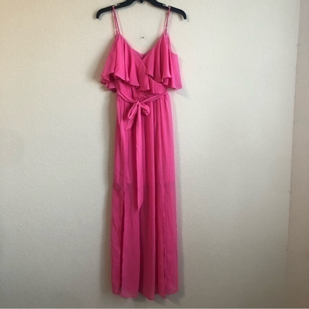 Bisou Bisou Dress Pink Ruffle Top Cold Shoulder Maxi Tie Front Zipper Back NWT